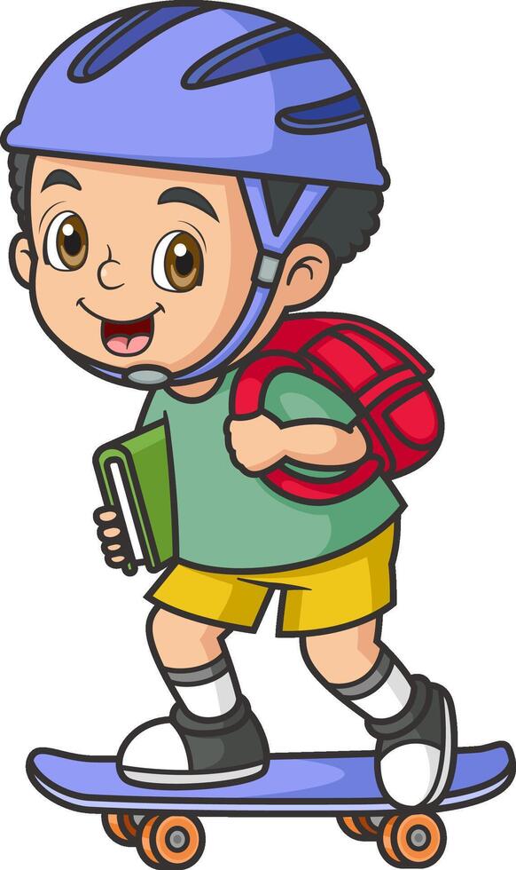 little kid play skateboard and feel happy go to school vector