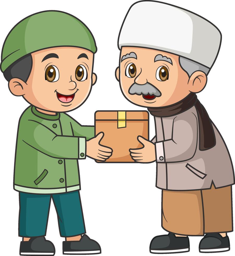 Cute Boy Moslem Give Zakat To People Cartoon vector