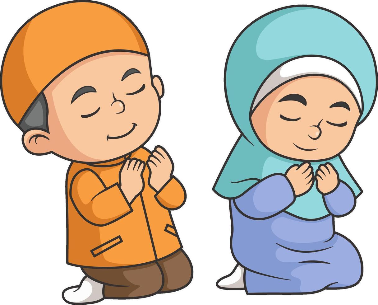 Cute two Muslim kid praying vector