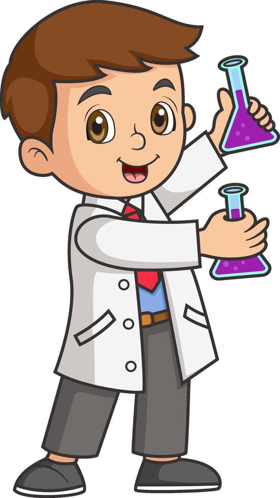 little scientist cartoon using chemistry flask doing science experiments vector