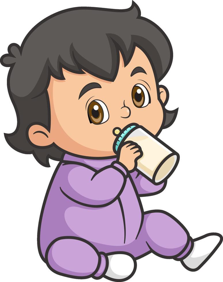 Baby Little girl with Cute Face Drink Milk from Bottle vector