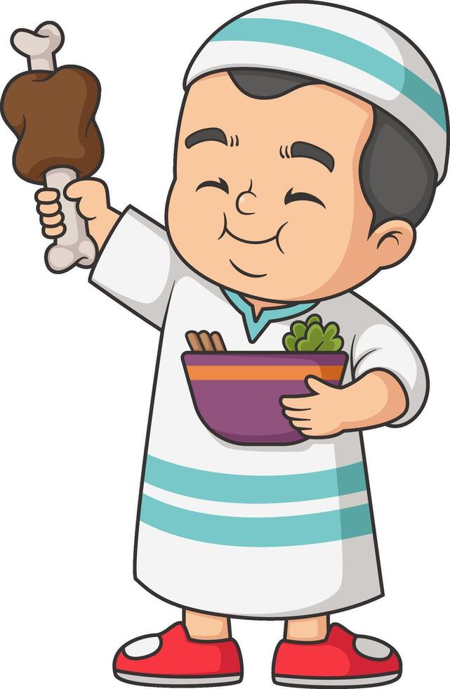 Happy Young Muslim Boy Holding big Beef vector