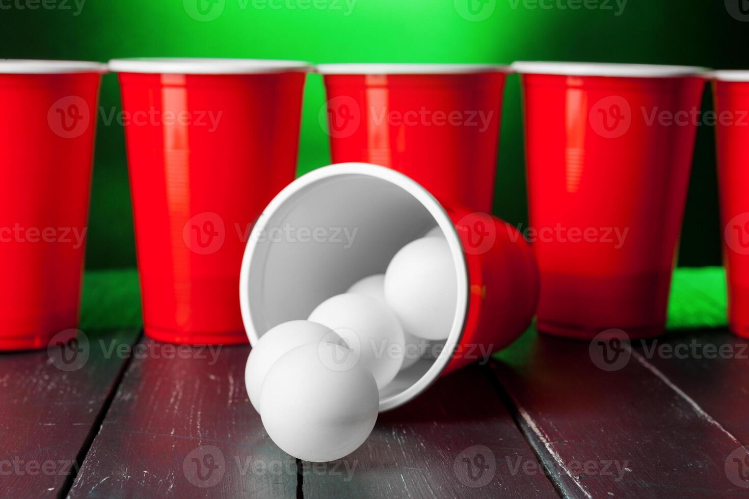 Cups for game Beer Pong on the table. creative photo. photo