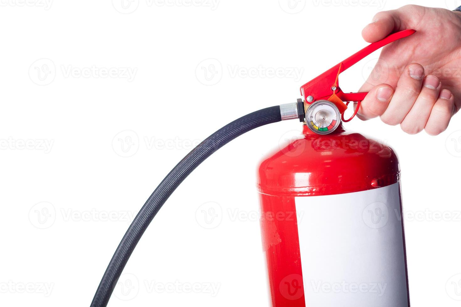 Man using fire extinguisher isolated on white photo