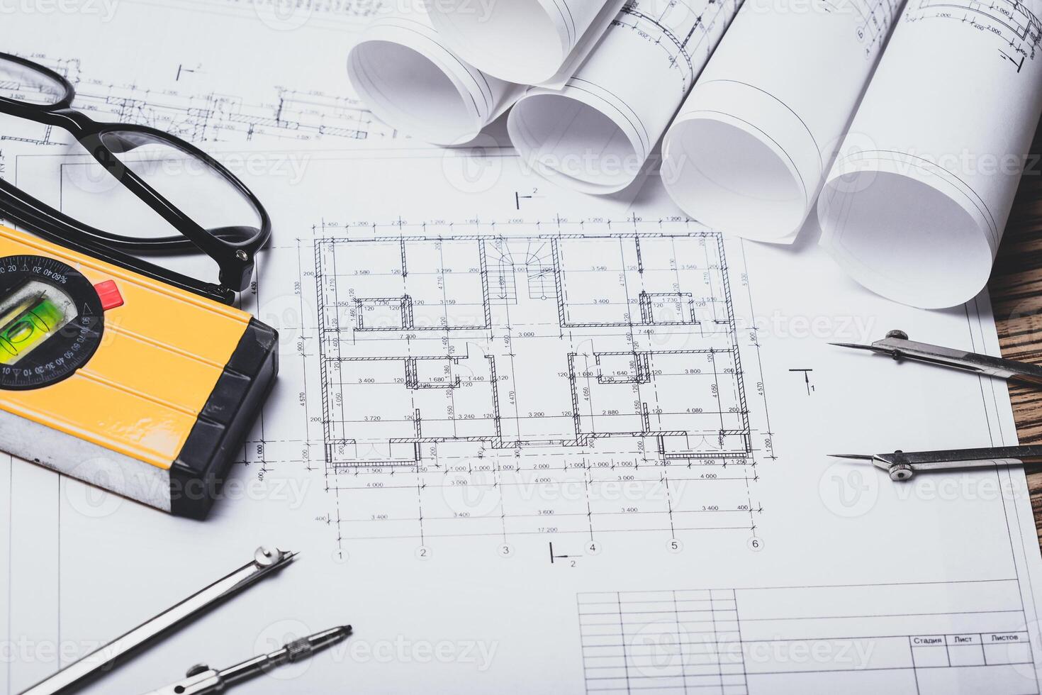Project drawings and tools, close up photo