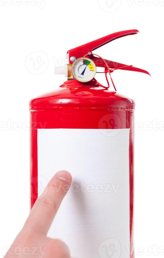 Man using fire extinguisher isolated on white photo