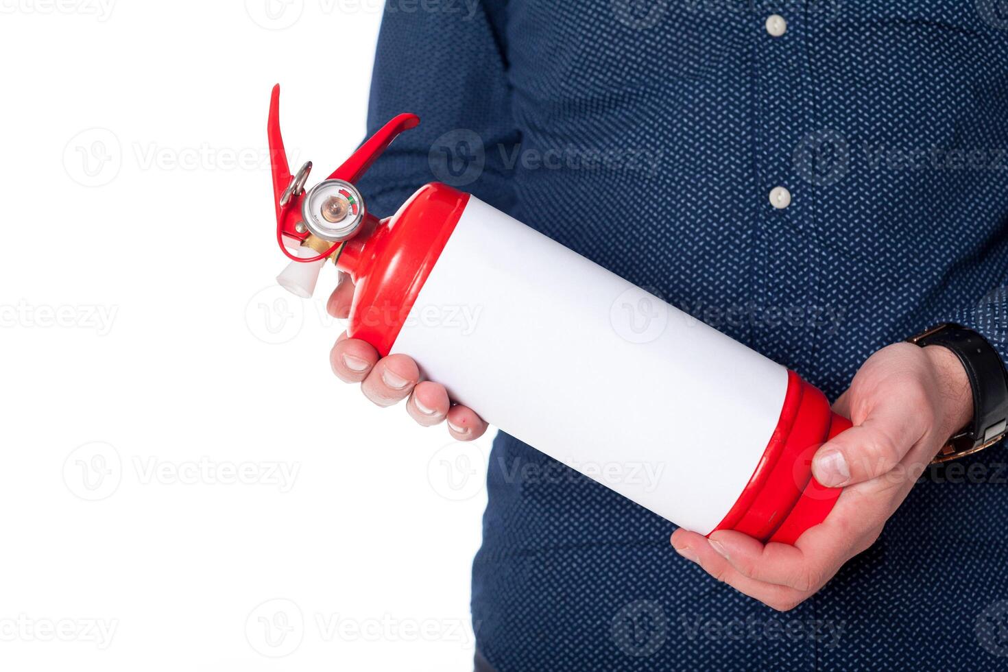 Man using fire extinguisher isolated on white photo