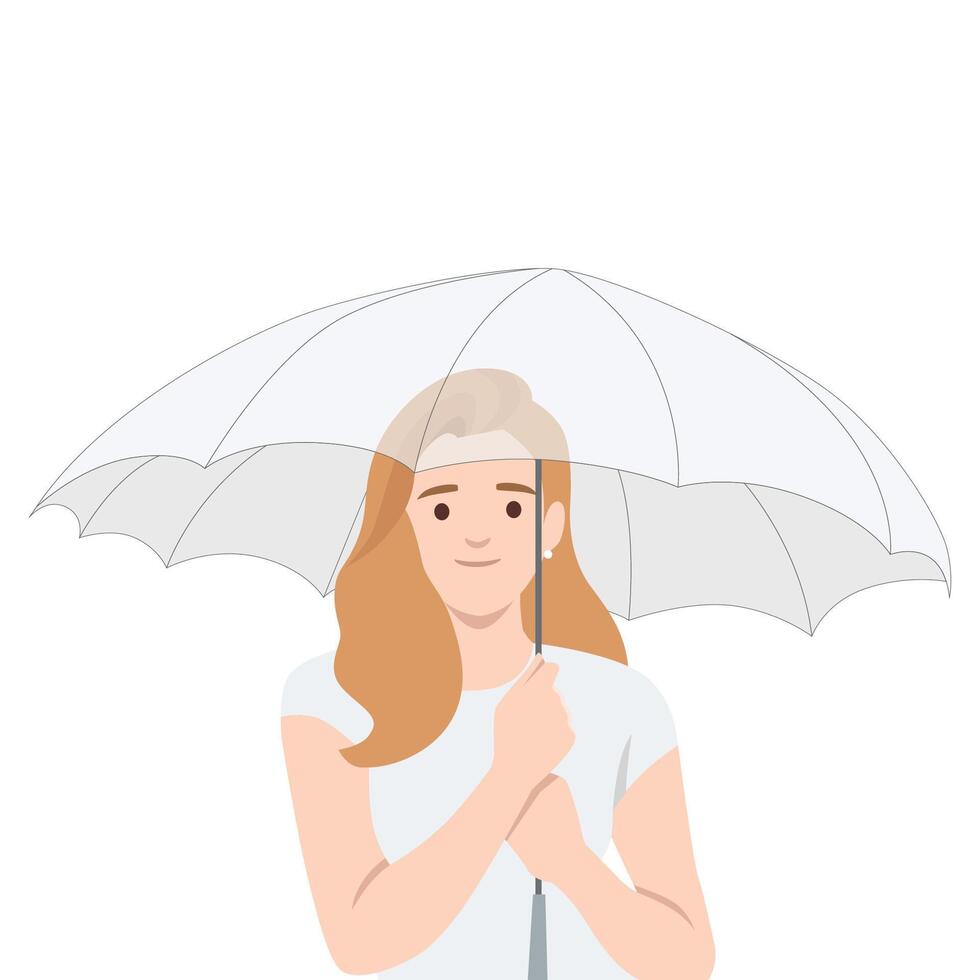 Woman holds white umbrella, enjoying moment while staying protected from the weather. vector