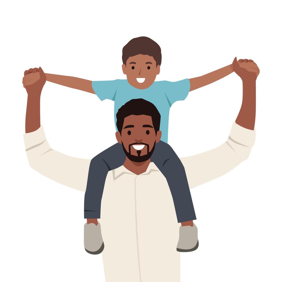 Father carrying his smiling son on his shoulders, Father and Son Bond. vector