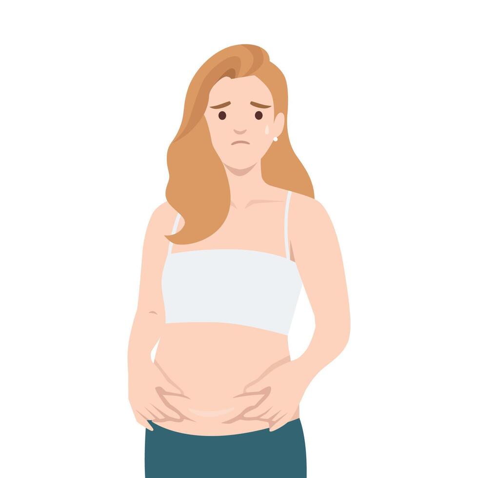 Woman looking concerned as she examines her stomach, reflecting emotions about body confidence. vector