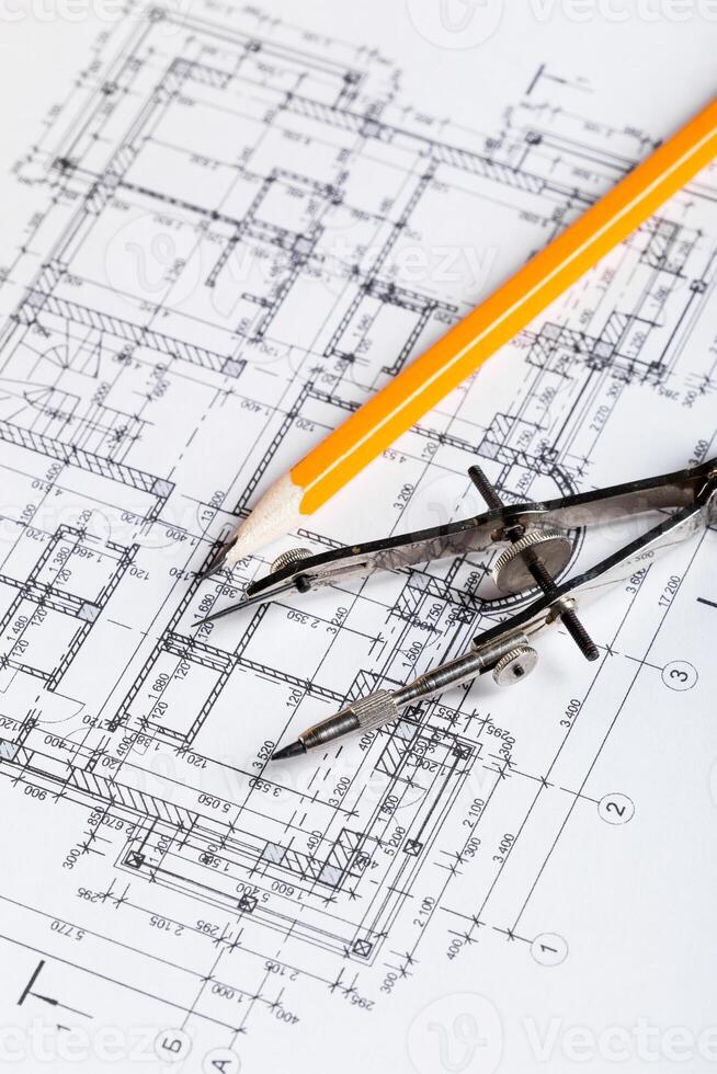 Architect worplace top view. photo