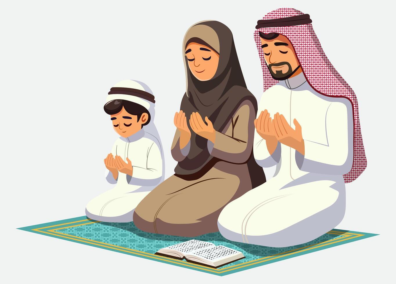 Muslim family, father, mother, and child dressed in traditional attire including hijab. vector