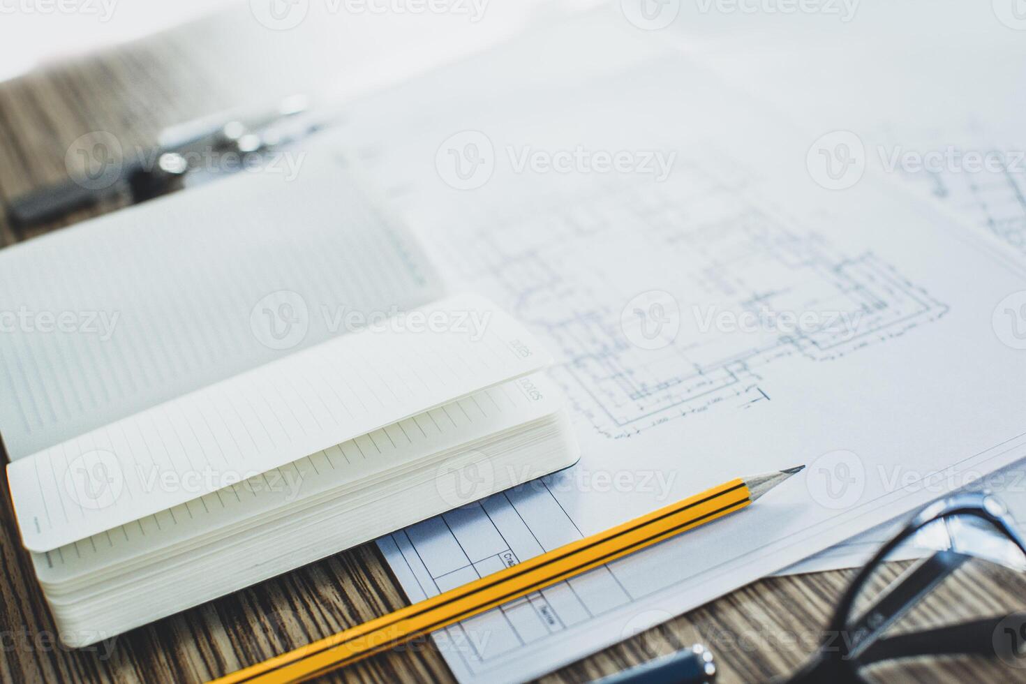 Project drawings and tools, close up photo