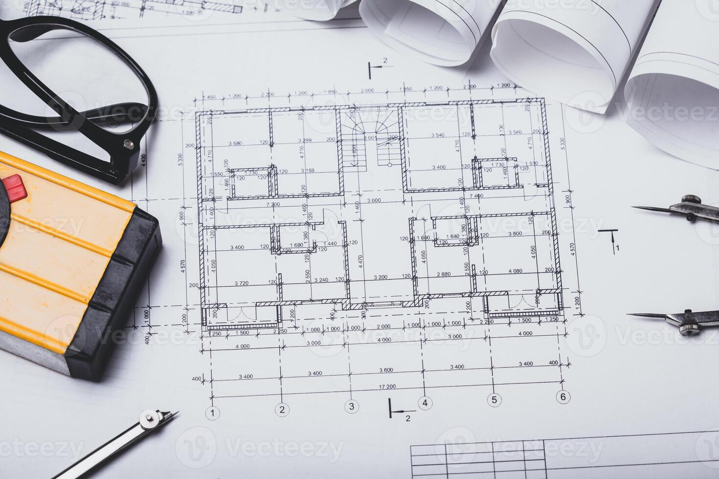 Project drawings and tools, close up photo