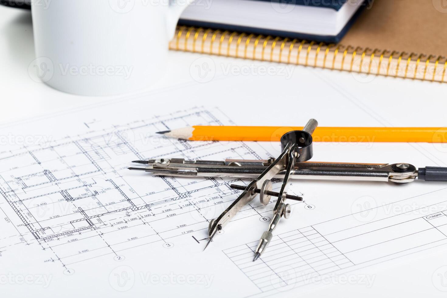 Architect worplace top view. photo