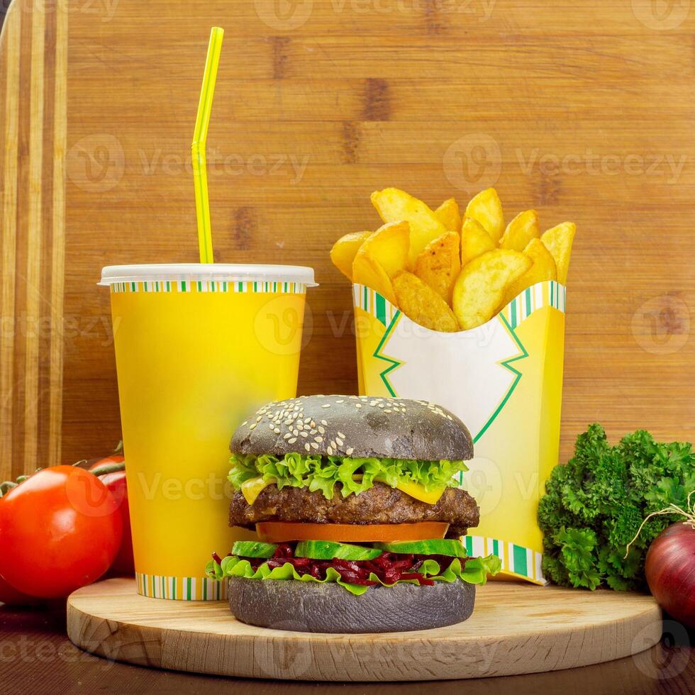 fast food menu with hamburger, french fries and glass of cola photo