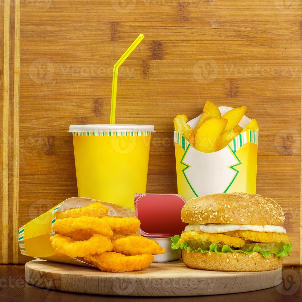 fast food menu with hamburger, french fries and glass of cola photo