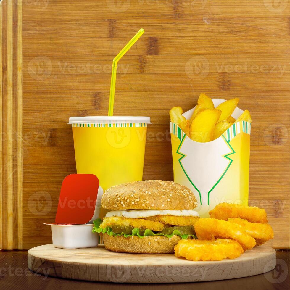 fast food menu with hamburger, french fries and glass of cola photo