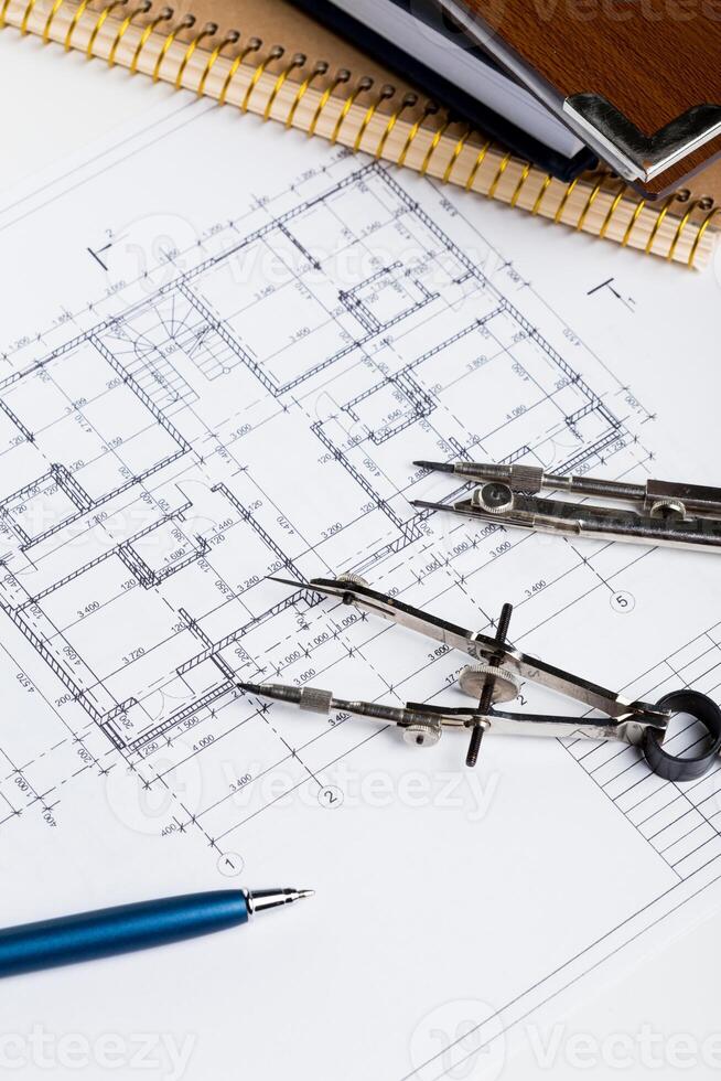 Architect worplace top view. photo