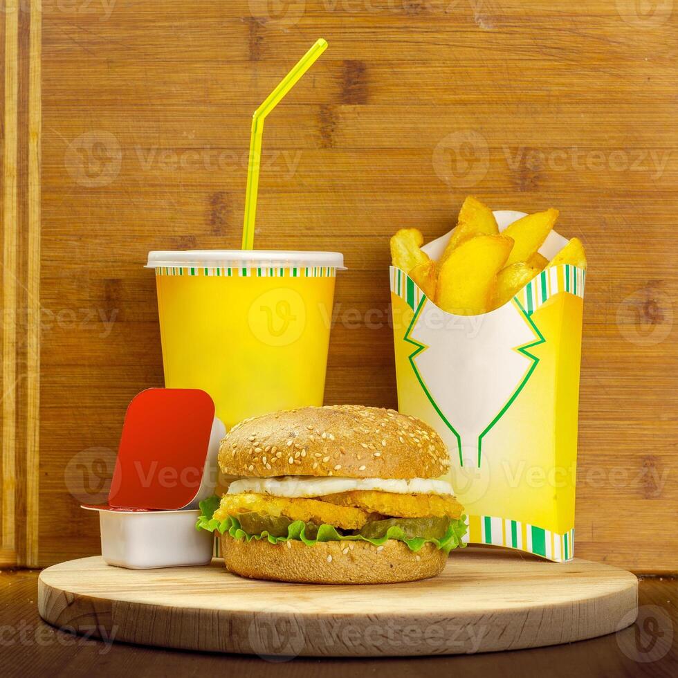 fast food menu with hamburger, french fries and glass of cola photo