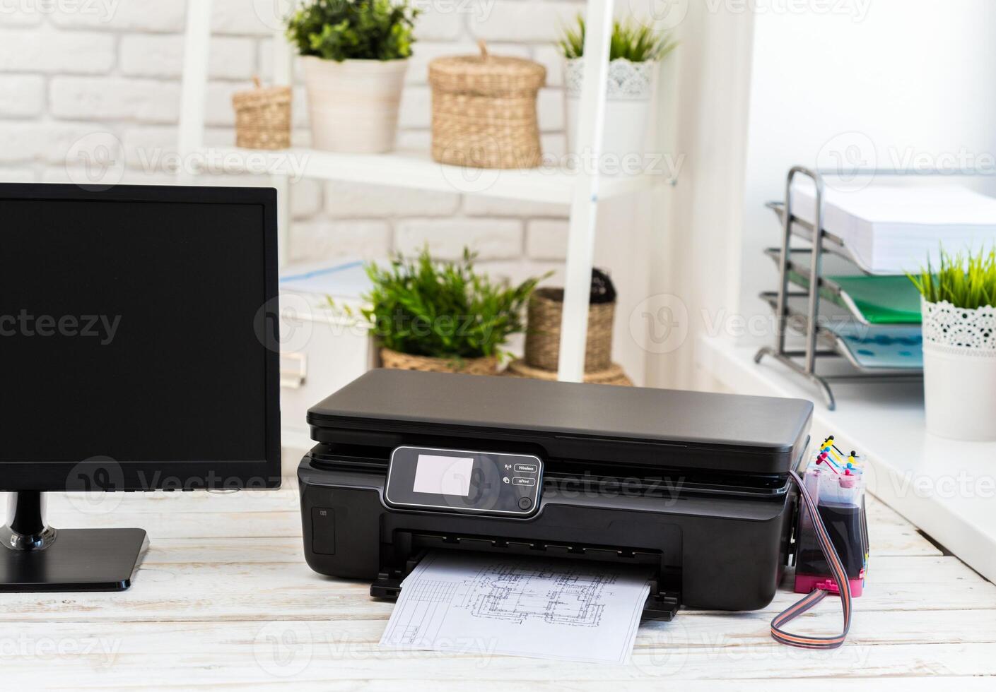 Printer and computer. Office table photo