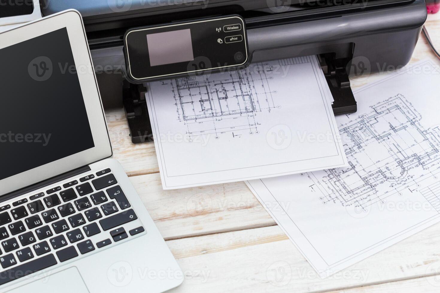 Printer and computer. Office table photo