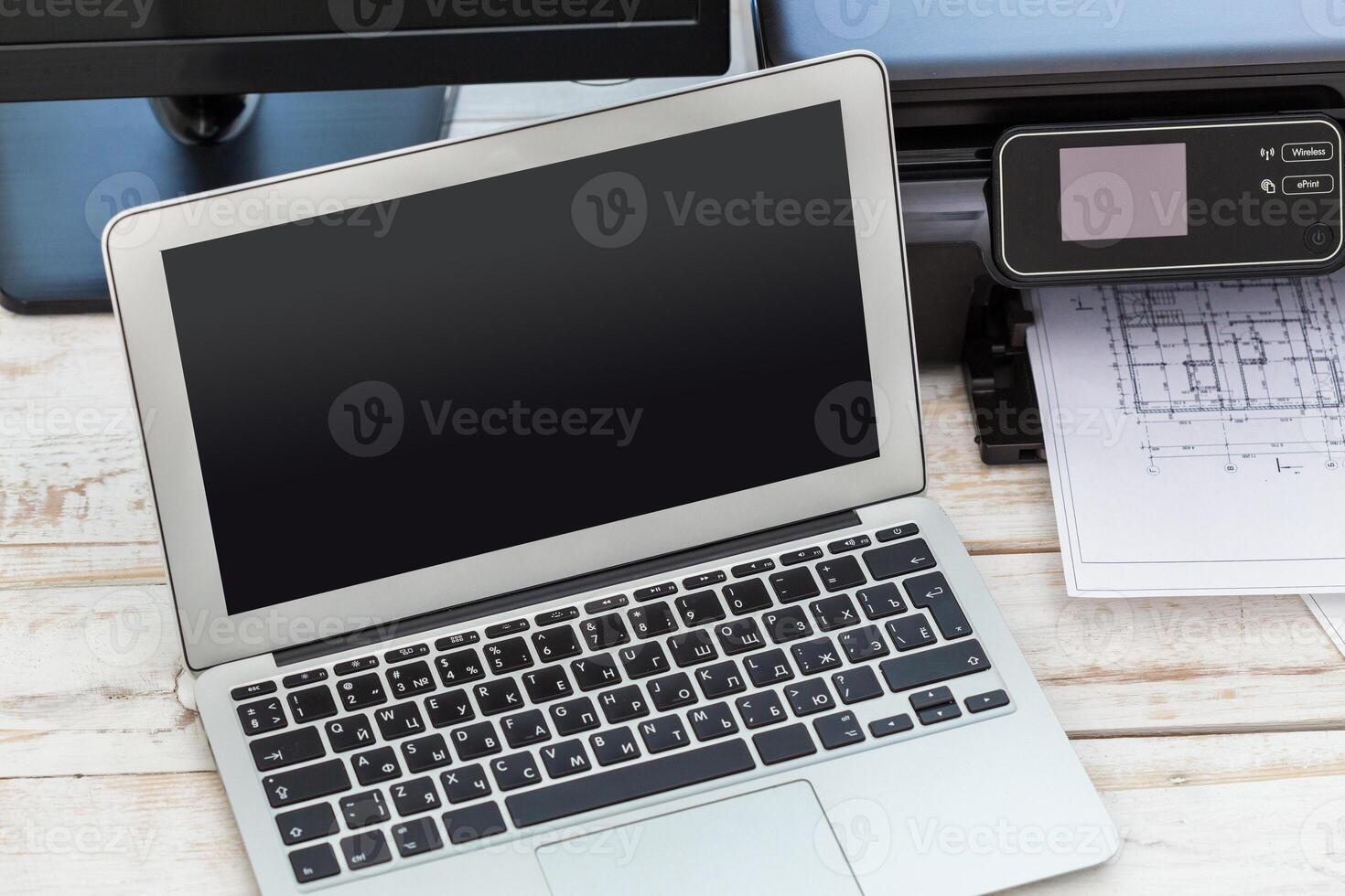 Printer and computer. Office table photo