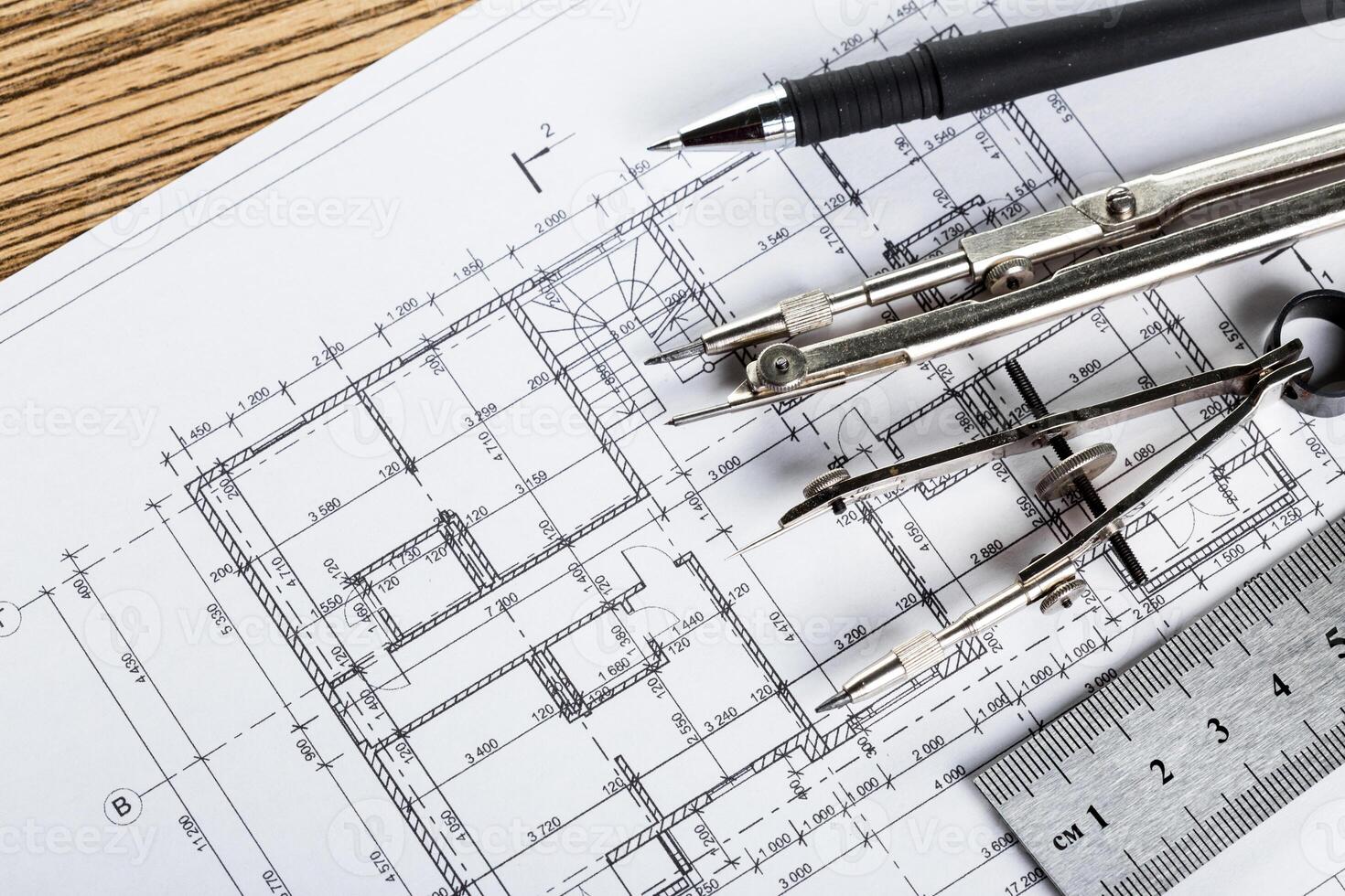 Architect worplace top view. photo
