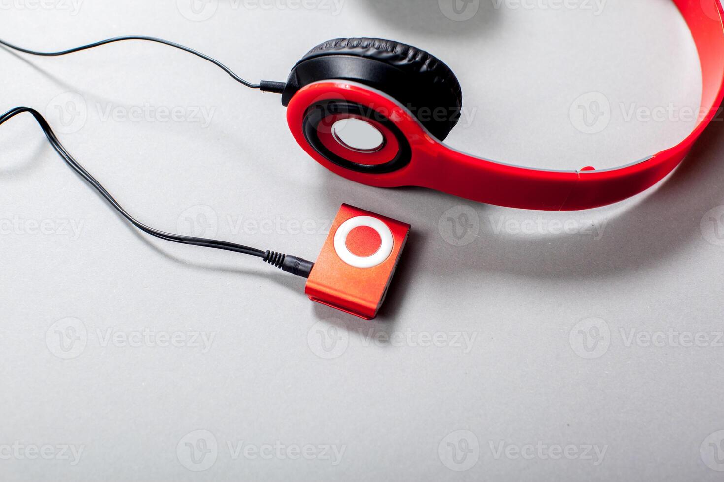 Audio Headphones with Cord on Grey Background photo