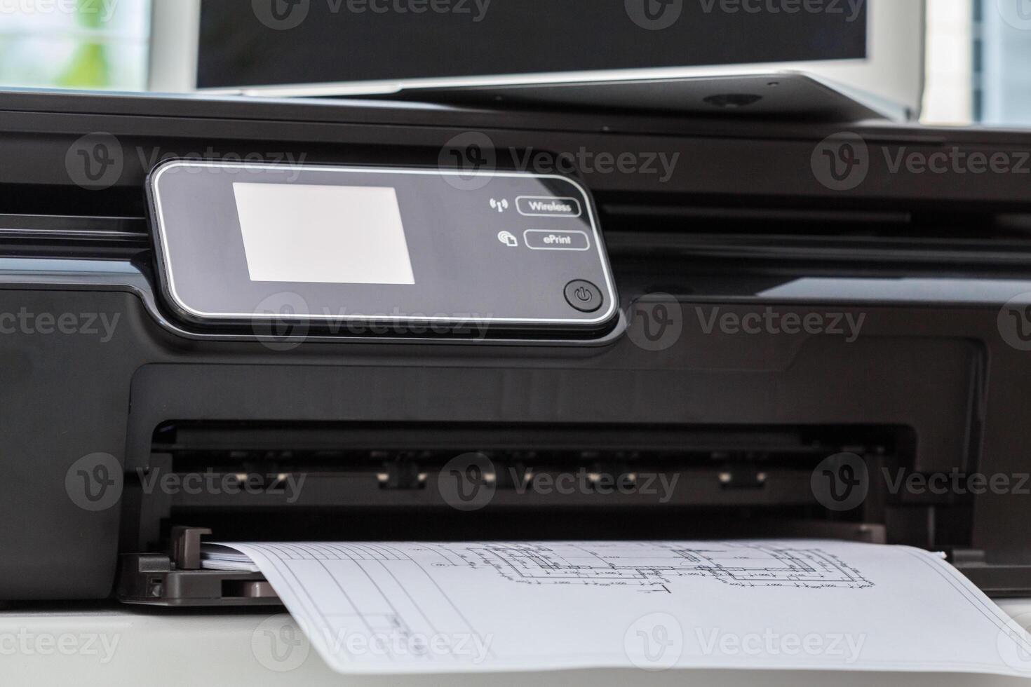 Printer and computer. Office table photo