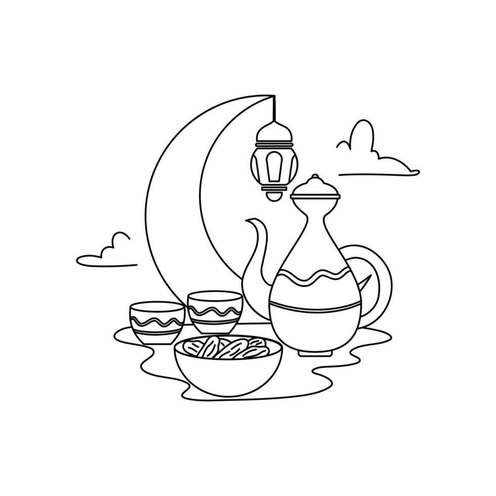 Ramadan Food with dates fruit doodle coloring page vector
