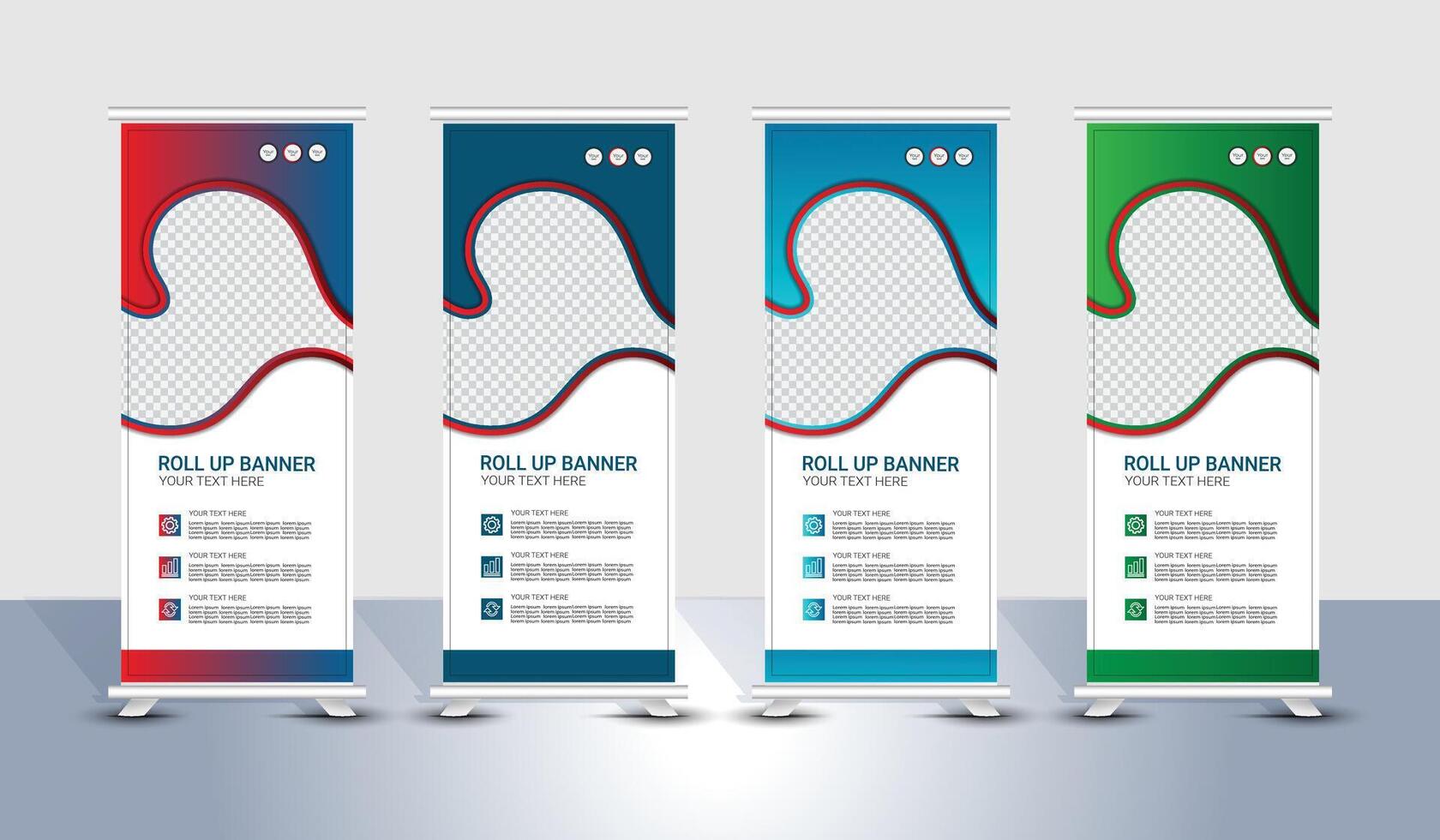Modern red, blue, green roll up banner template design vector