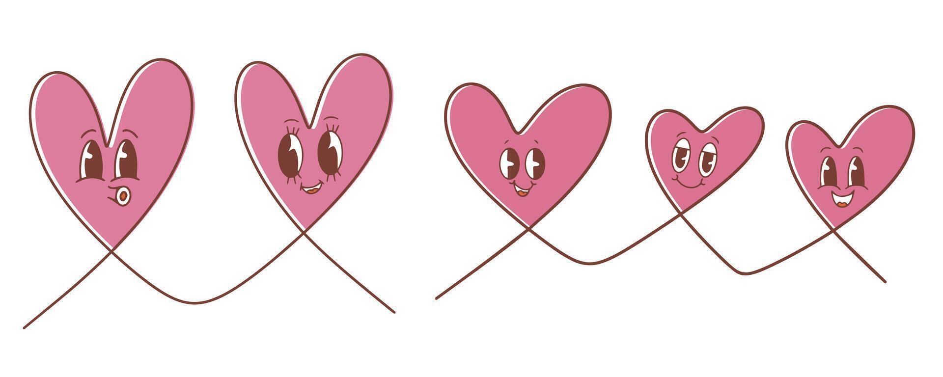Continuous line drawing of two and three hearts, minimalistic concept of love and family. Cute kawaii hearts. illustration for your design. vector