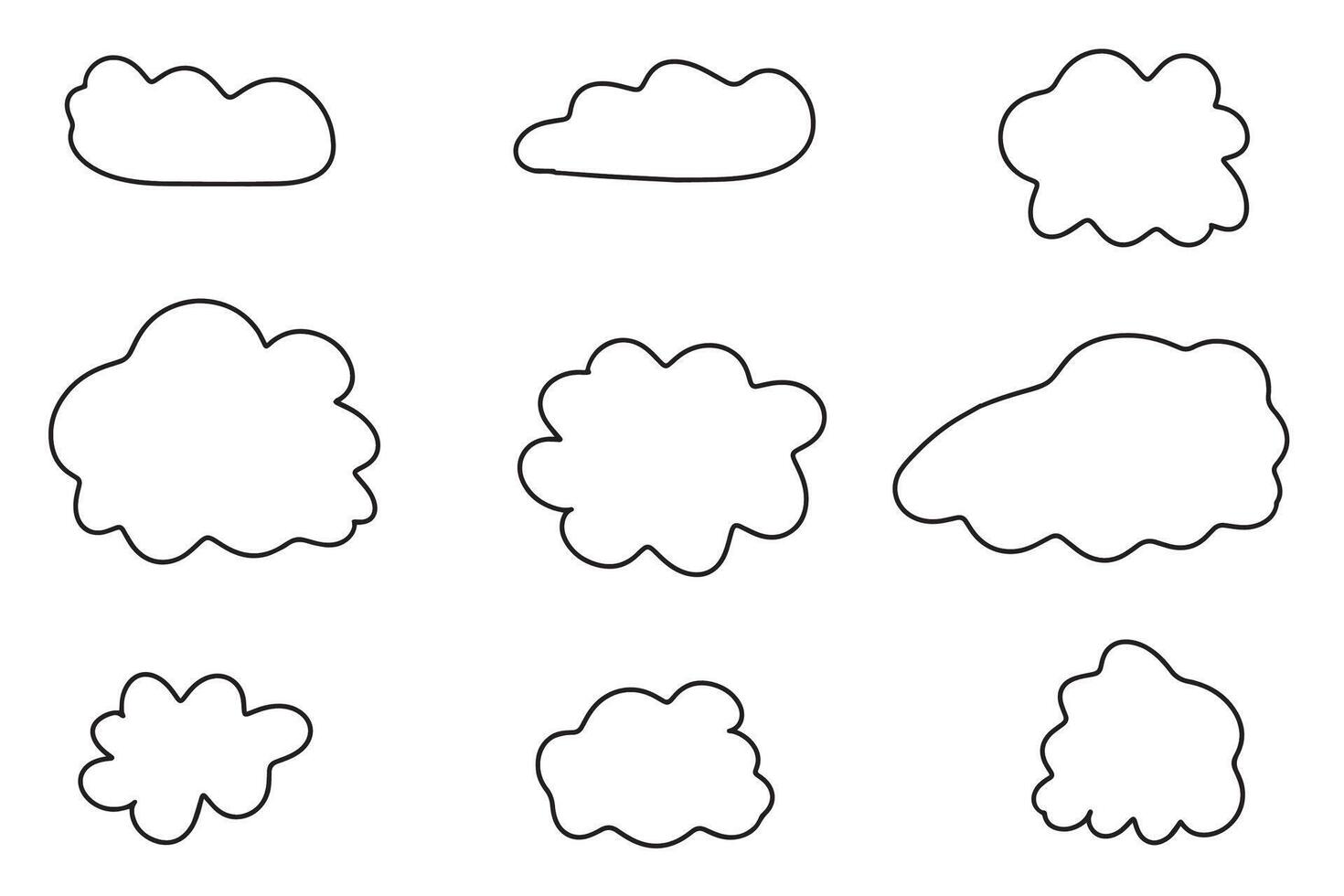 White clouds of different shapes in doodle style. Hand drawn clouds. Cloudy abstraction on white background. illustration. vector