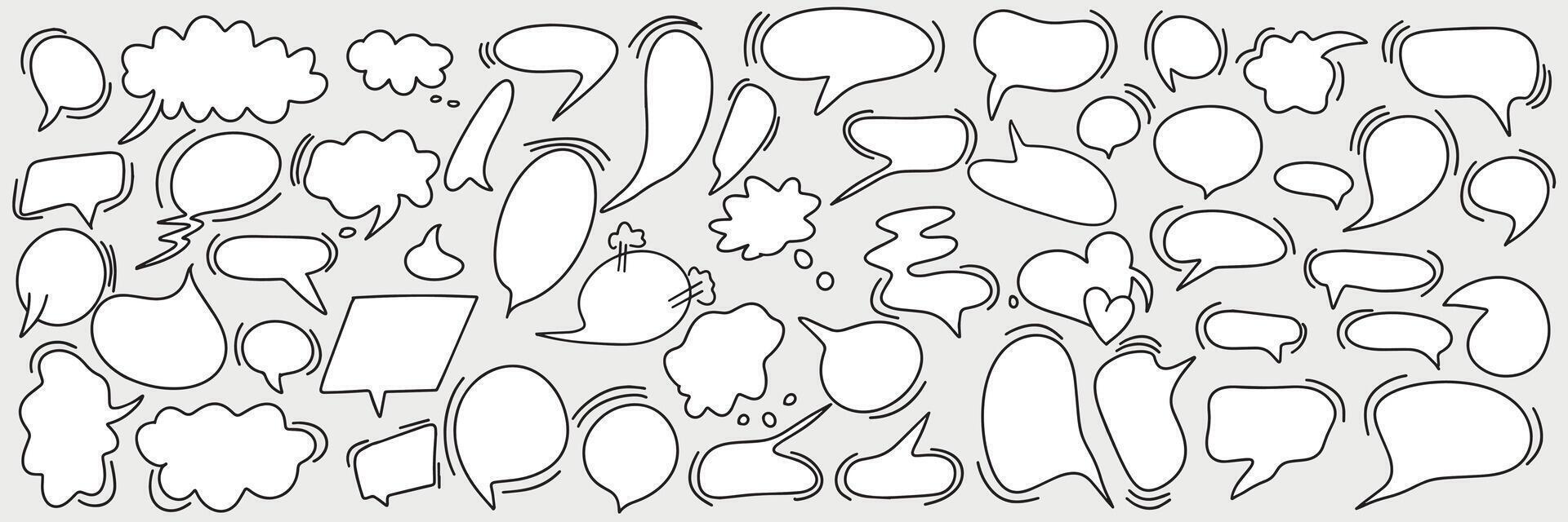 Big set of dialog boxes, different options are hand drawn. Collection of speech bubbles for conversation, dialogue, decoration on gray background. Empty comics conversations. vector