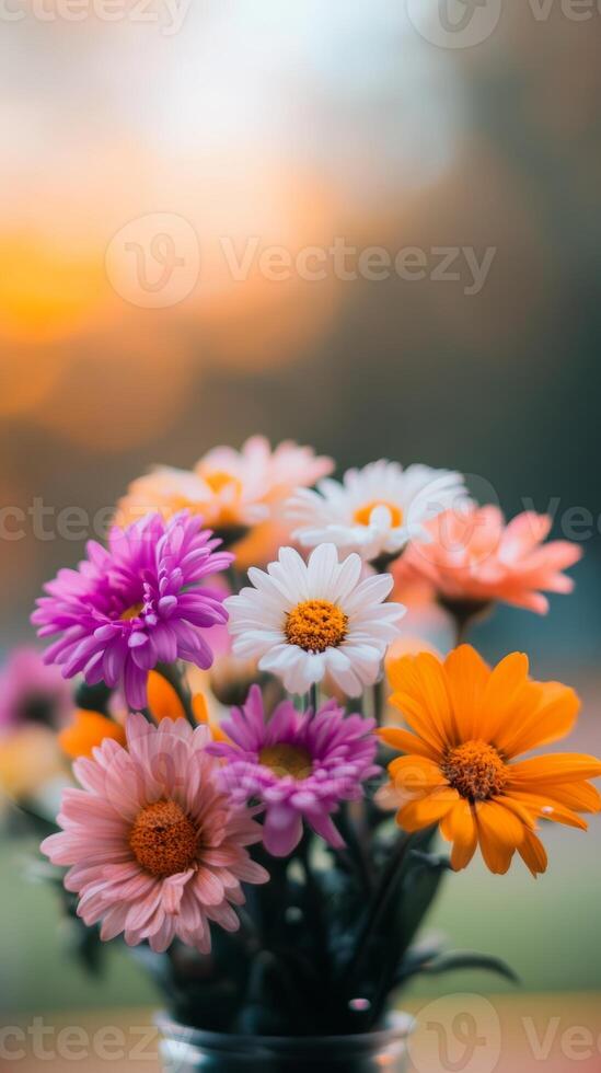 Colorful bouquet of flowers in a glass jar during sunset, showcasing vibrant petals in warm tones against a soft background photo