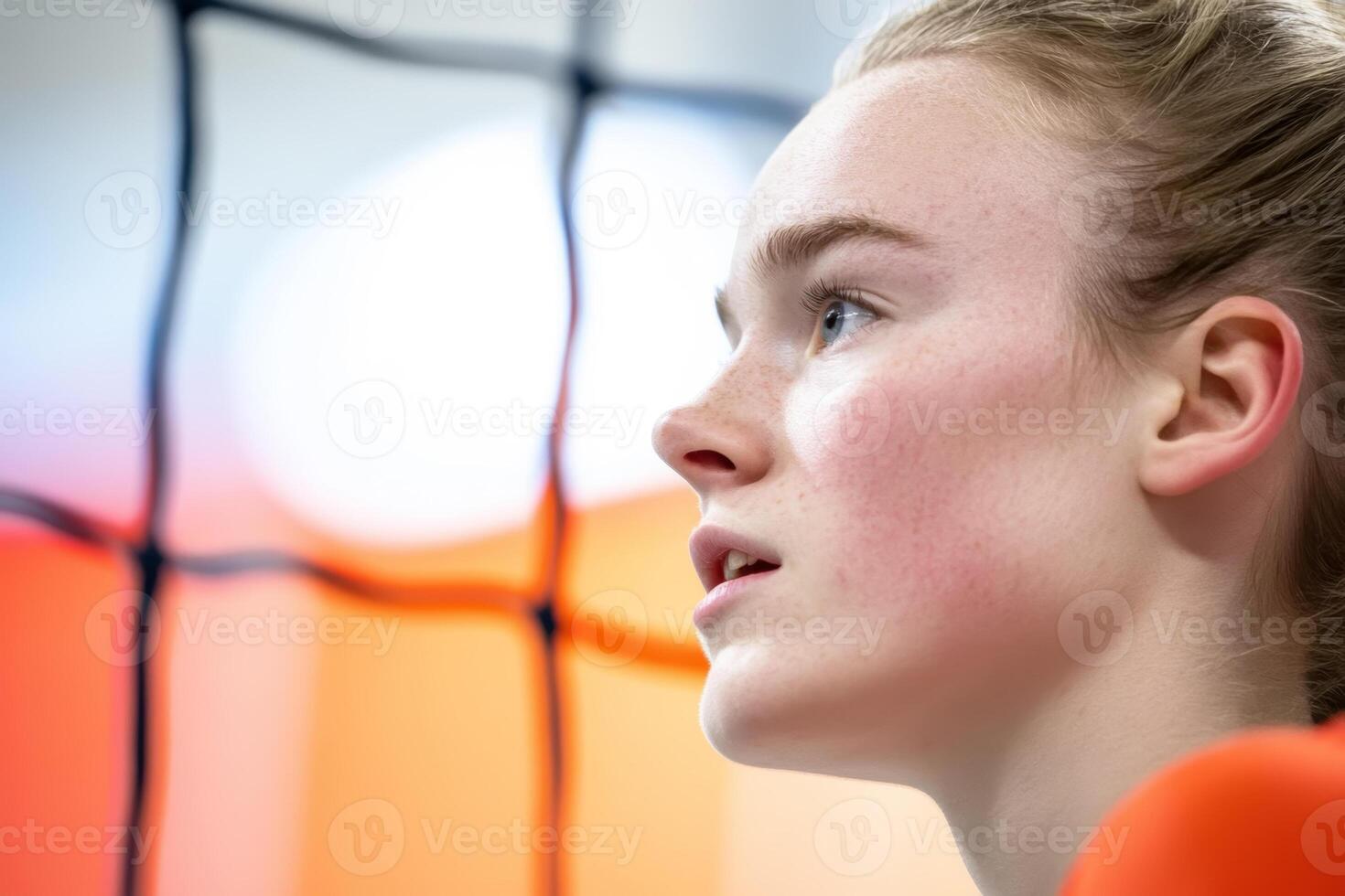 A young athlete in deep concentration during a volleyball match at a sports arena photo
