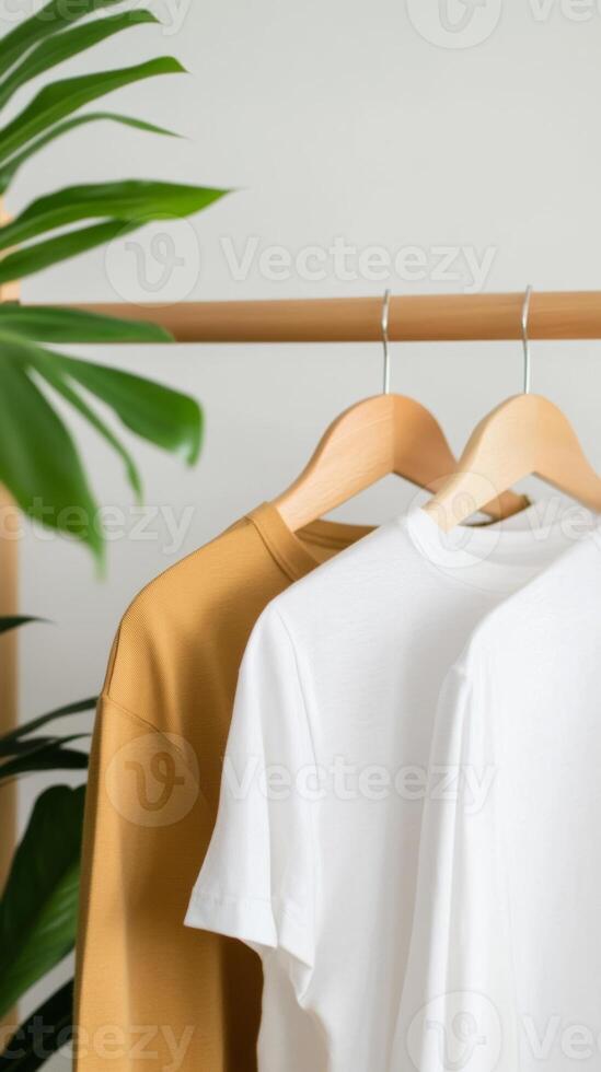 Casual clothing display featuring beige and white t-shirts hanging on a wooden rack with lush green plant backdrop photo