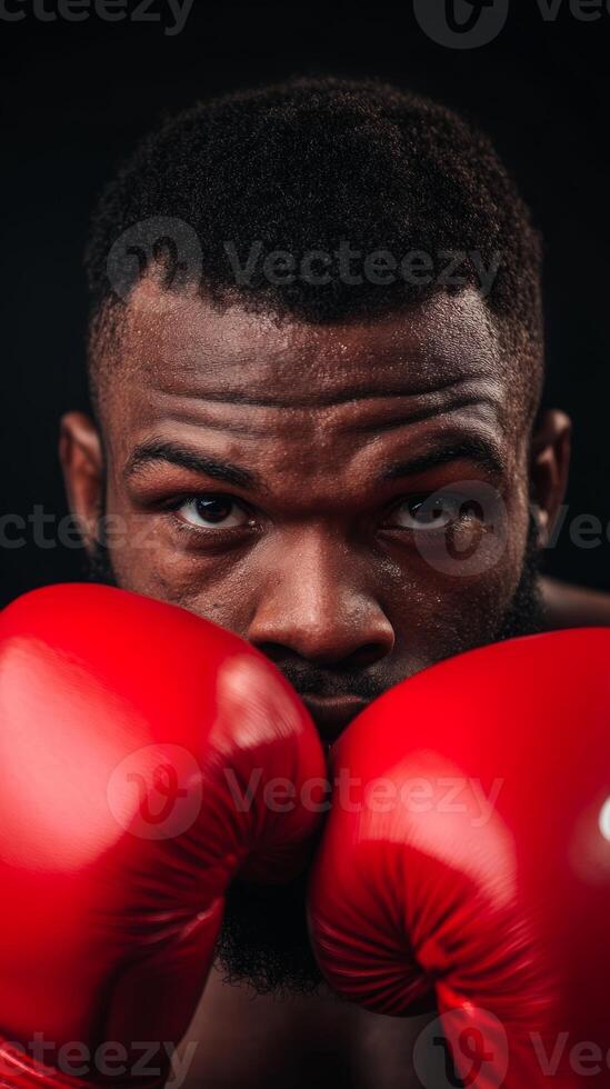 A determined boxer stands in a training pose, holding red boxing gloves close to his face, showcasing intensity and focus before an upcoming match. photo