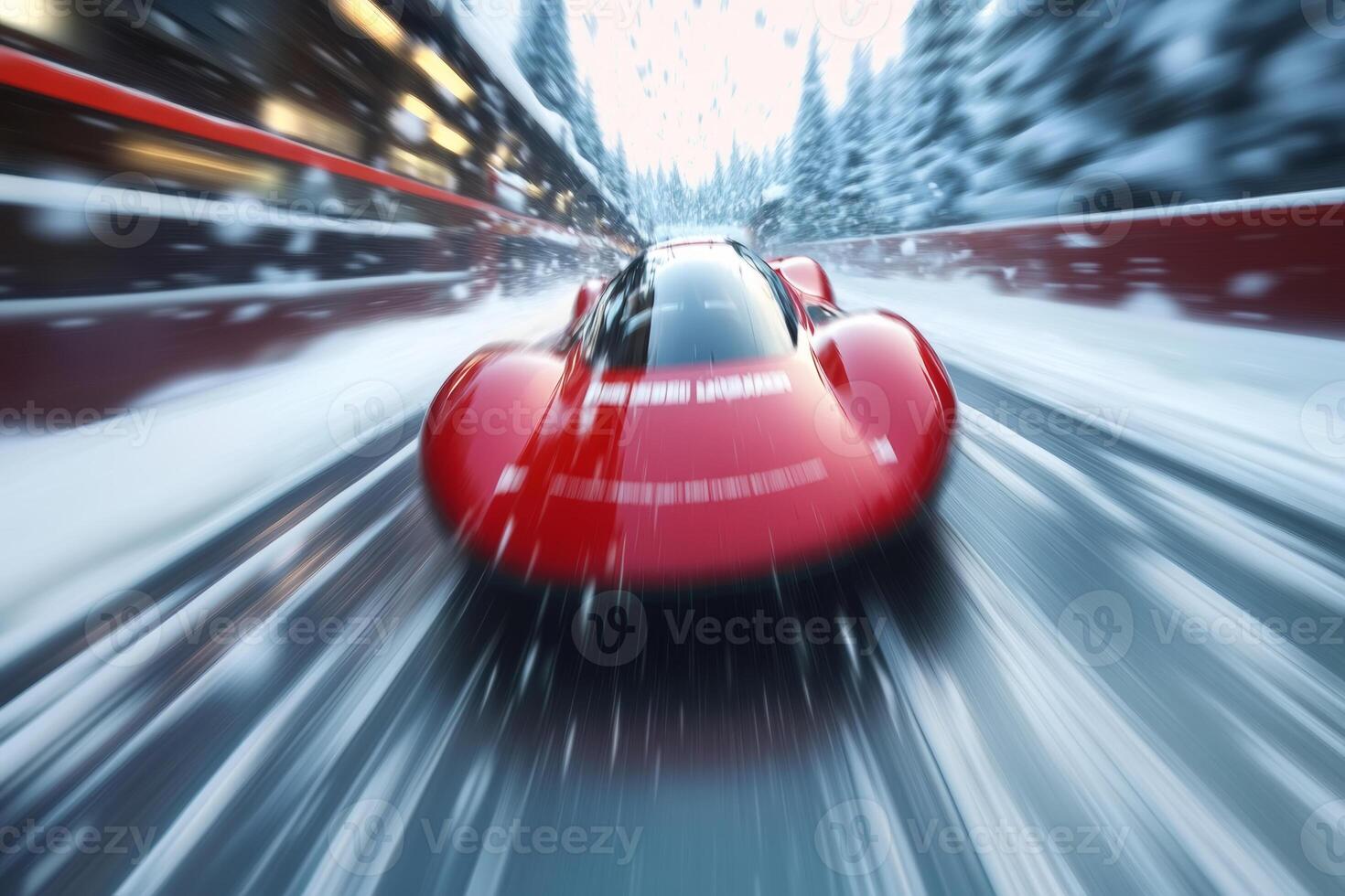 A red sports car speeds through a snowy landscape during winter, creating dynamic motion and a thrilling atmosphere photo