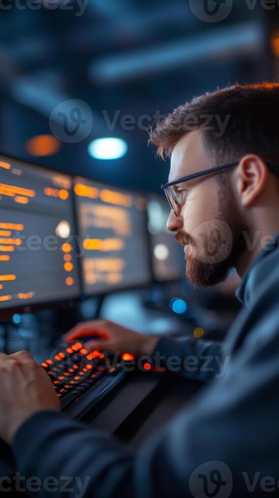 A programmer intensely types on a backlit keyboard while monitoring code and data across several screens in a dimly lit office setup during the late evening. photo