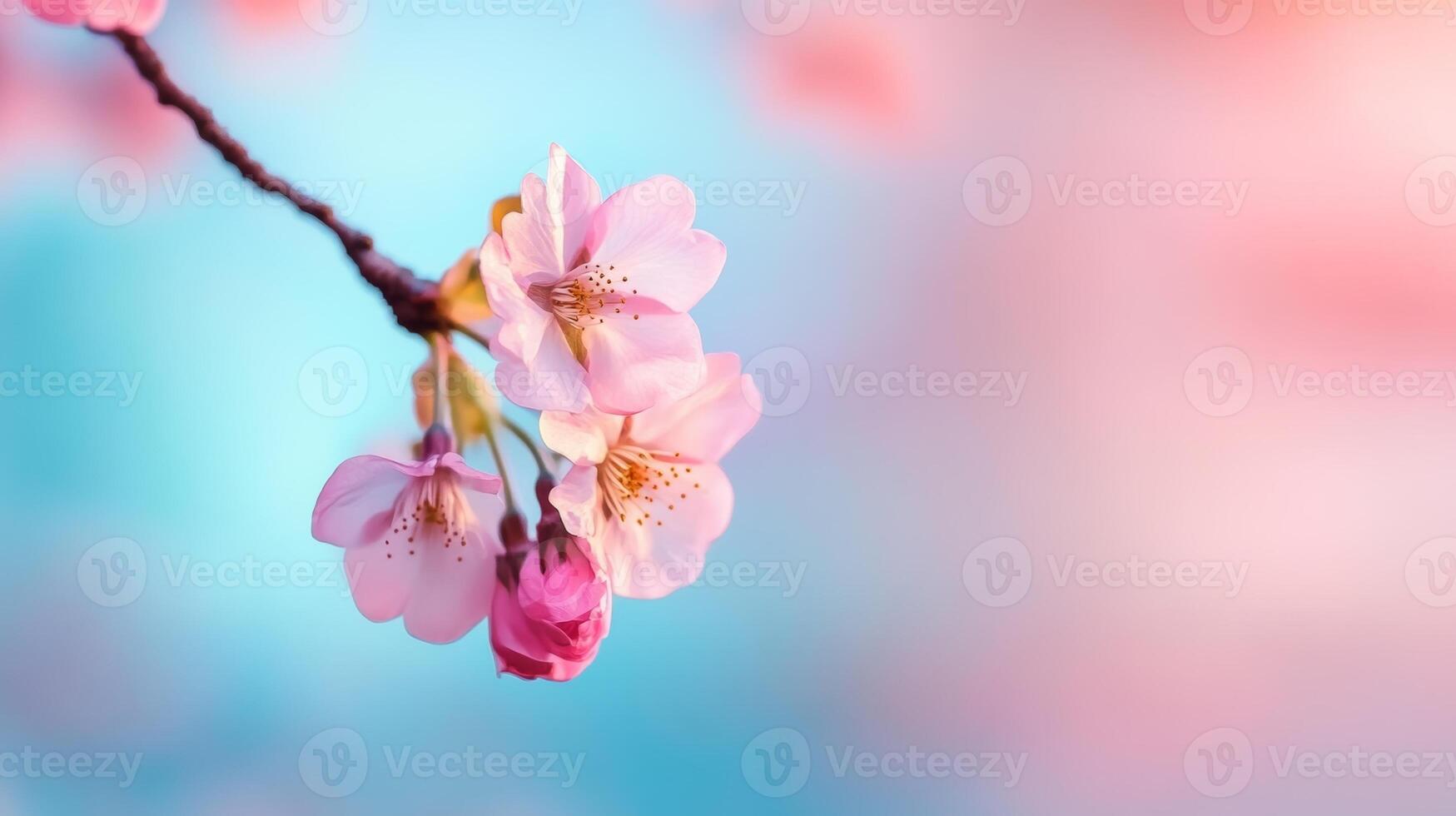 Blooming cherry blossoms on a branch with a gradient sky in the background during springtime in a tranquil setting photo