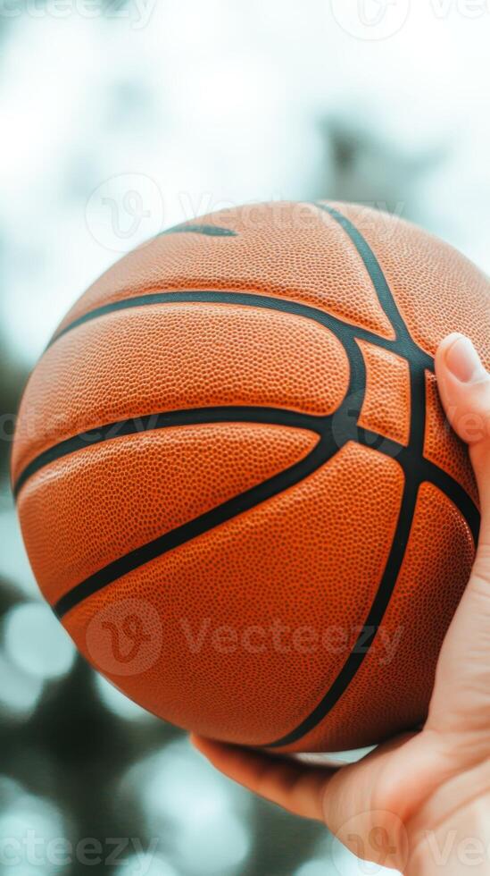 A hand gripping a basketball prepares for a shot in a sunny outdoor court surrounded by green trees photo