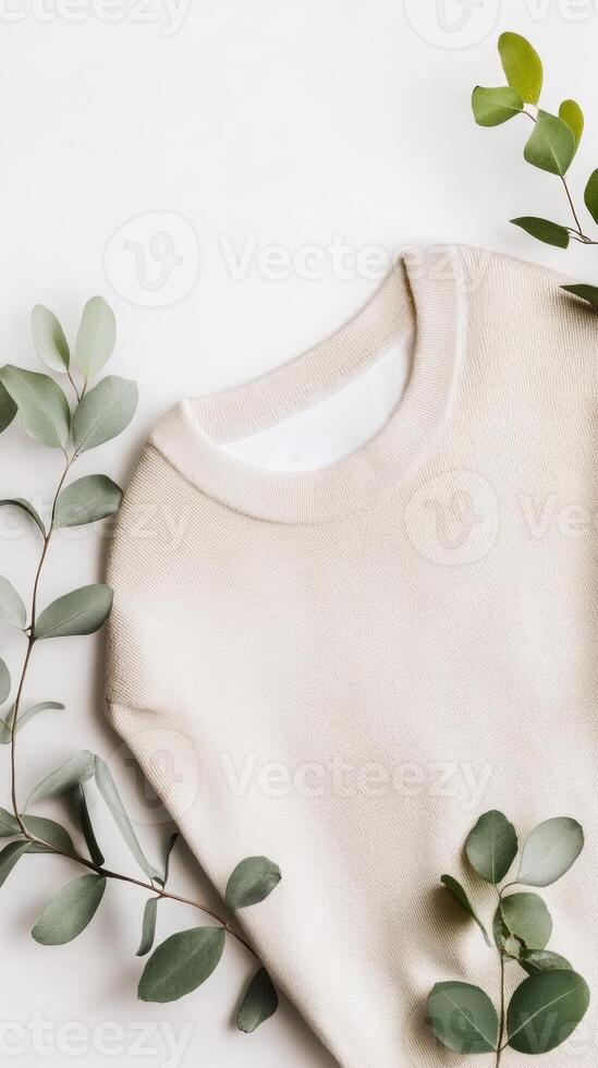 A neutral-toned sweater surrounded by fresh eucalyptus leaves arranged on a light background at a home styling session photo
