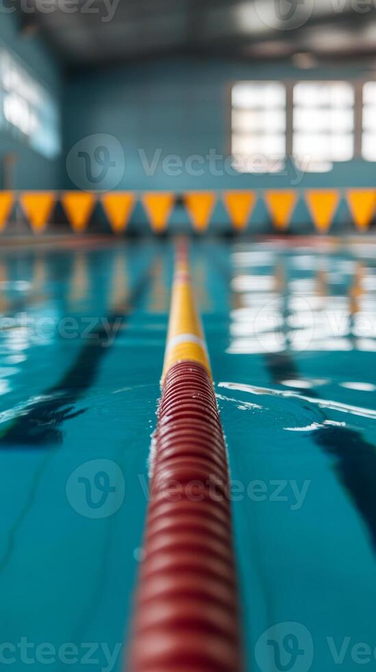 Clear water reflections in an indoor swimming pool with vibrant lane markers during the day photo