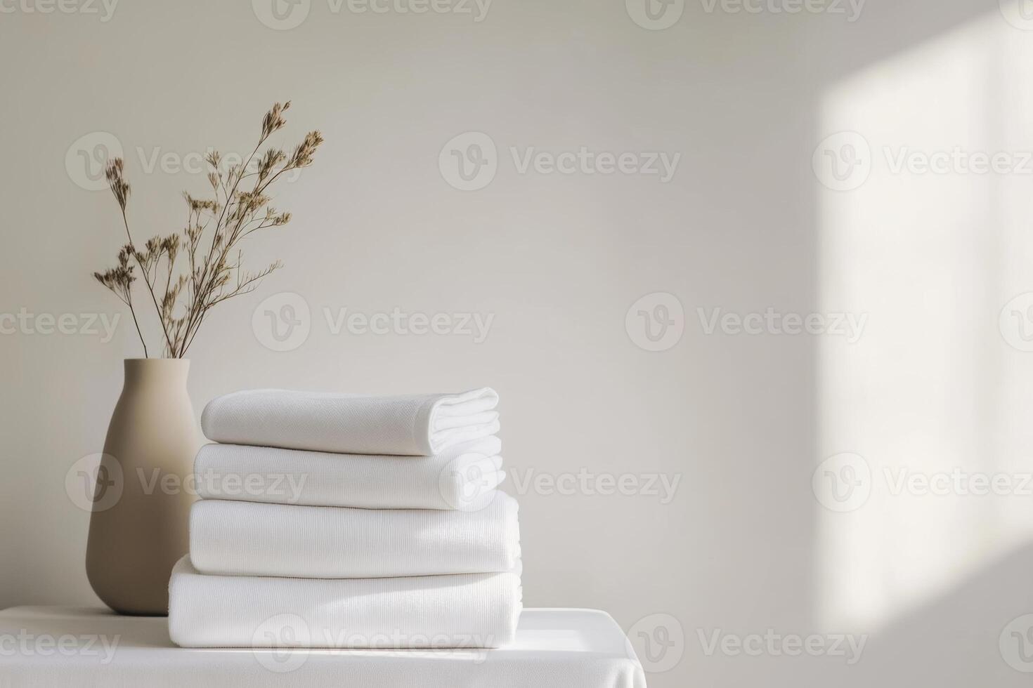 Stack of white towels beside a simple vase with dried flowers on a table in a softly lit room photo
