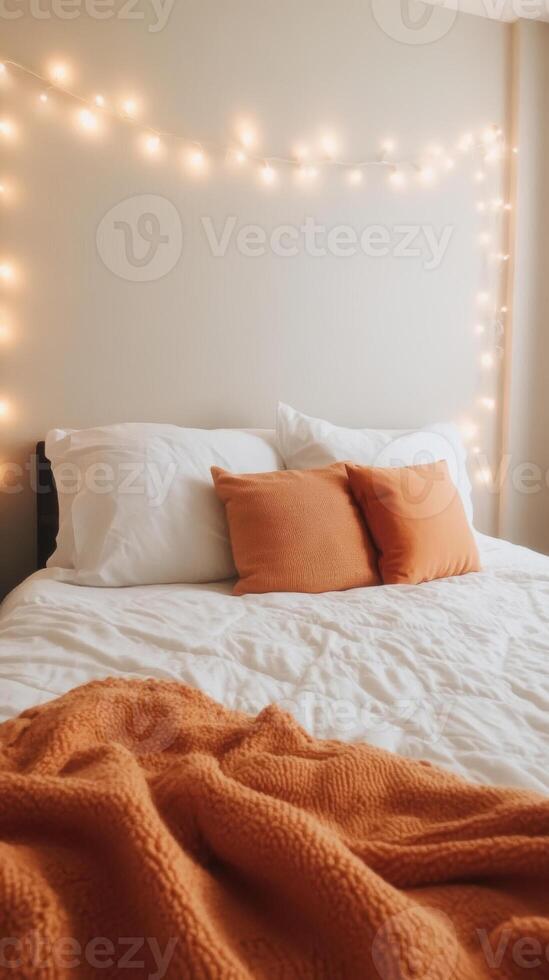 Cozy bedroom with orange decor and soft lighting creating a warm atmosphere for relaxation in a stylish setting photo