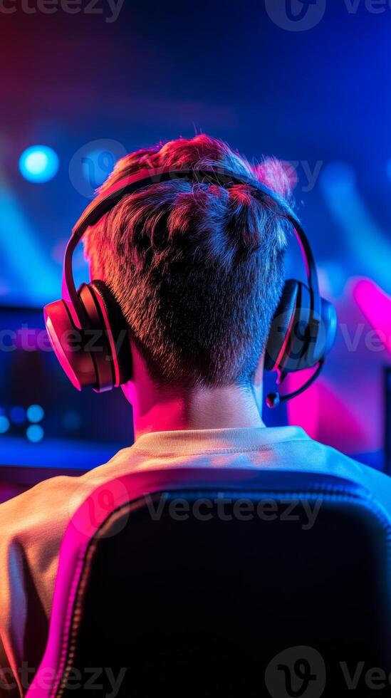 A gamer is focused on an online session, wearing headphones and surrounded by colorful lights in a contemporary gaming environment, creating an engaging atmosphere. photo