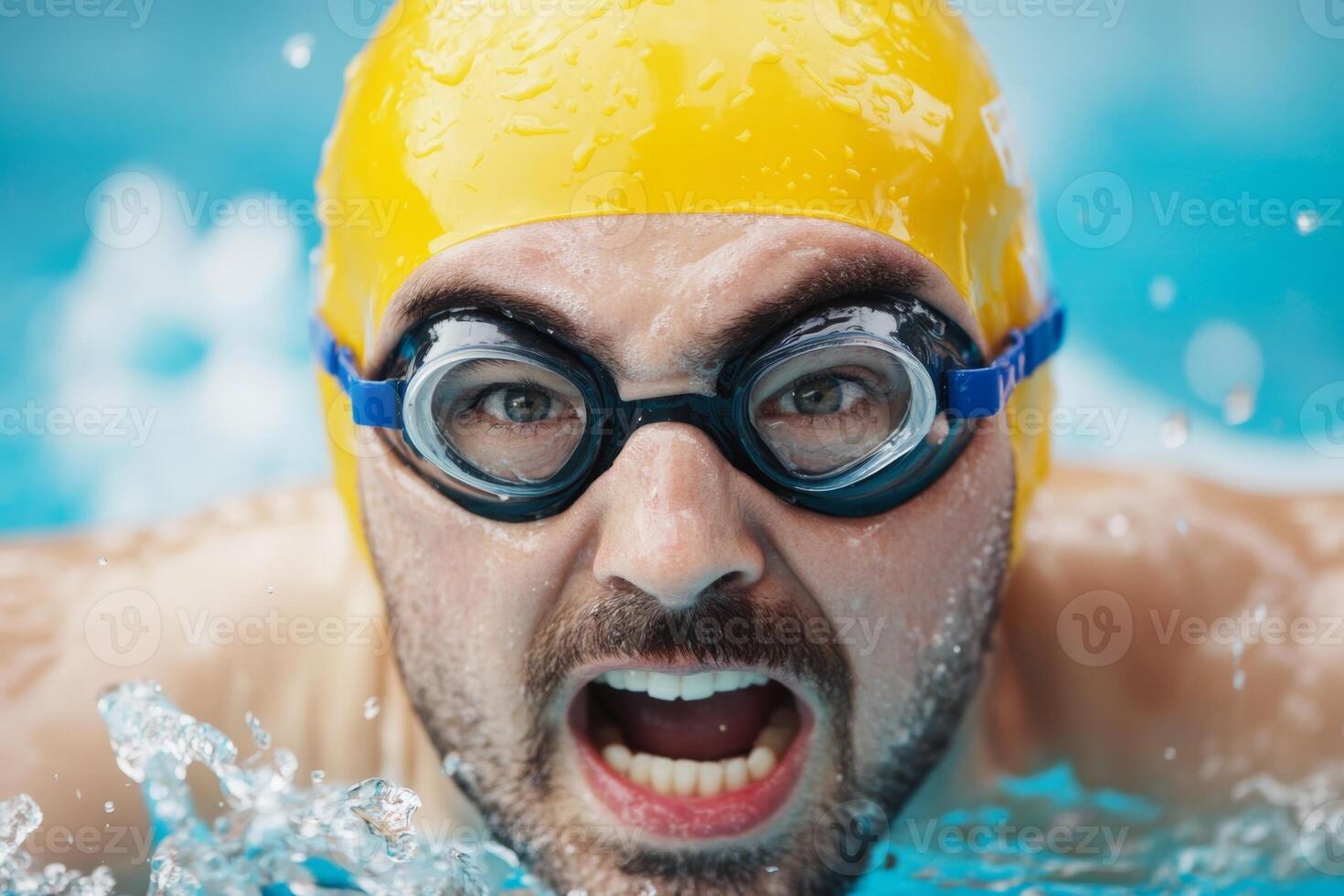 Swimmer striving to achieve a personal best during a competition in an indoor pool on a sunny afternoon photo