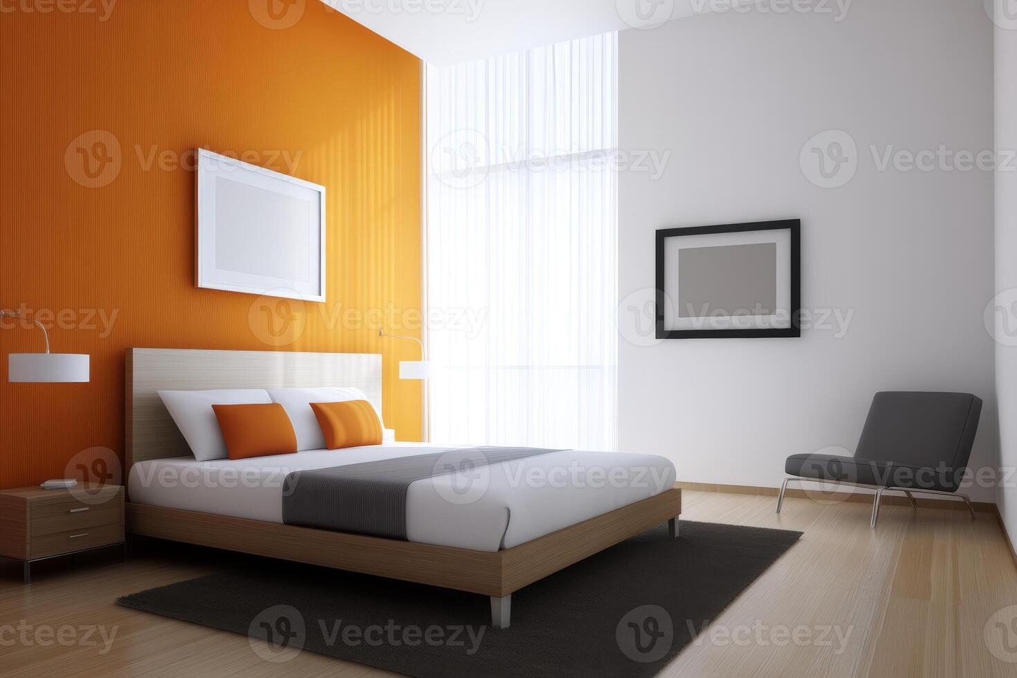 Modern bedroom in a minimalist style featuring orange accent wall and large windows for natural light during the day photo